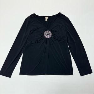 Venezia Women’s Long Sleeve V Neck Silver Gem Brooch Chest Blouse Size 14/16